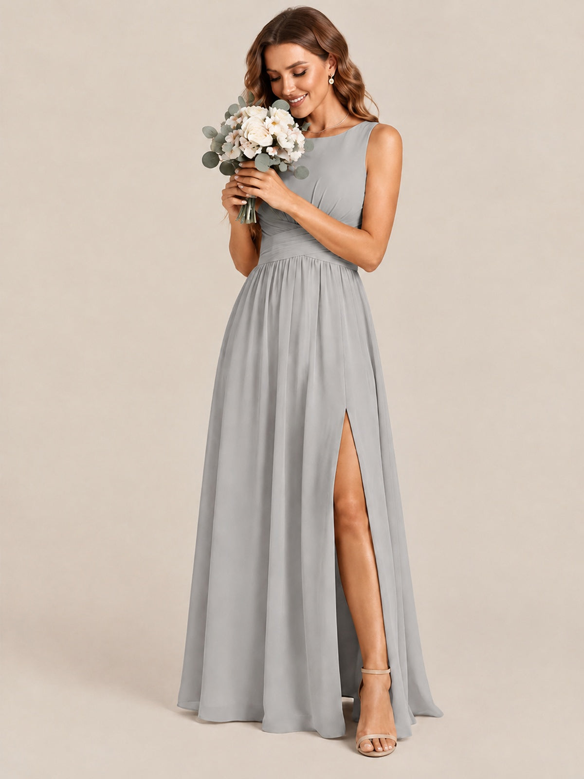 A-line Sleeveless Rucehd Chiffon Bridesmaid Dress with High Slit