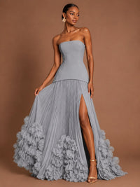 Strapless Pleated Floral Satin Formal Dress with Side Slit