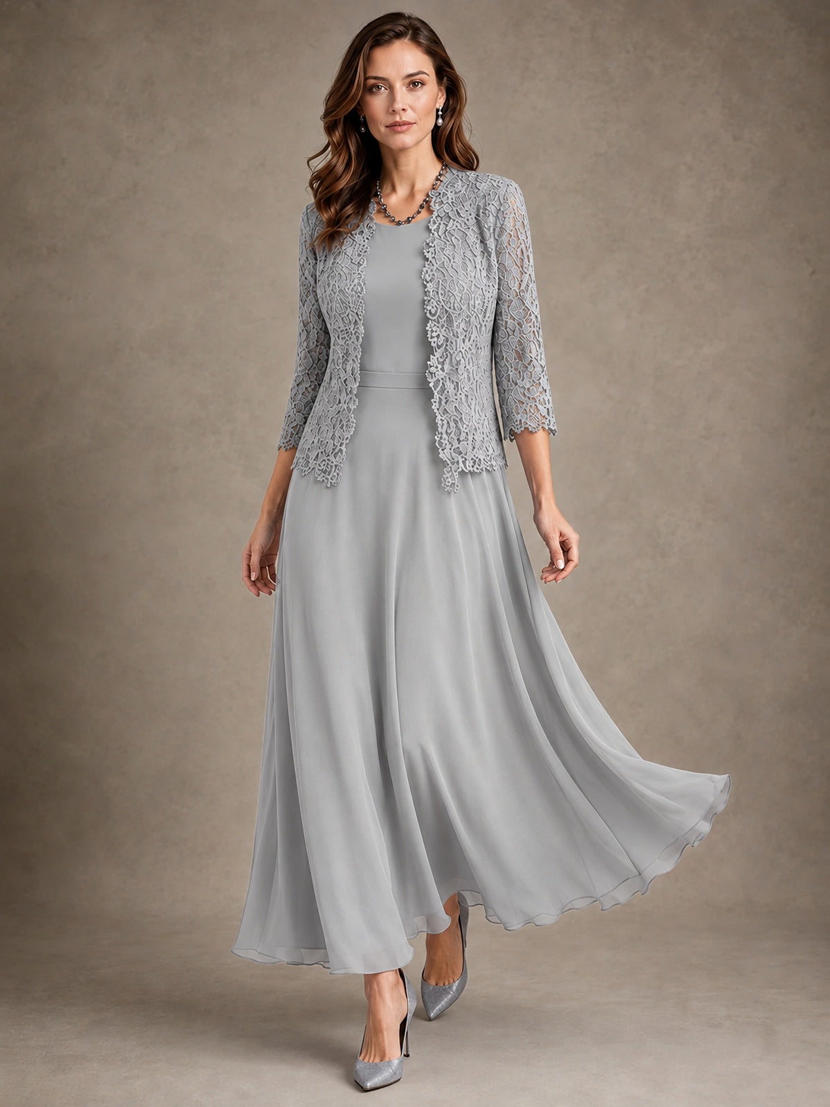 2-Piece Chiffon Mother of the Bride Dress with Lace Jacket