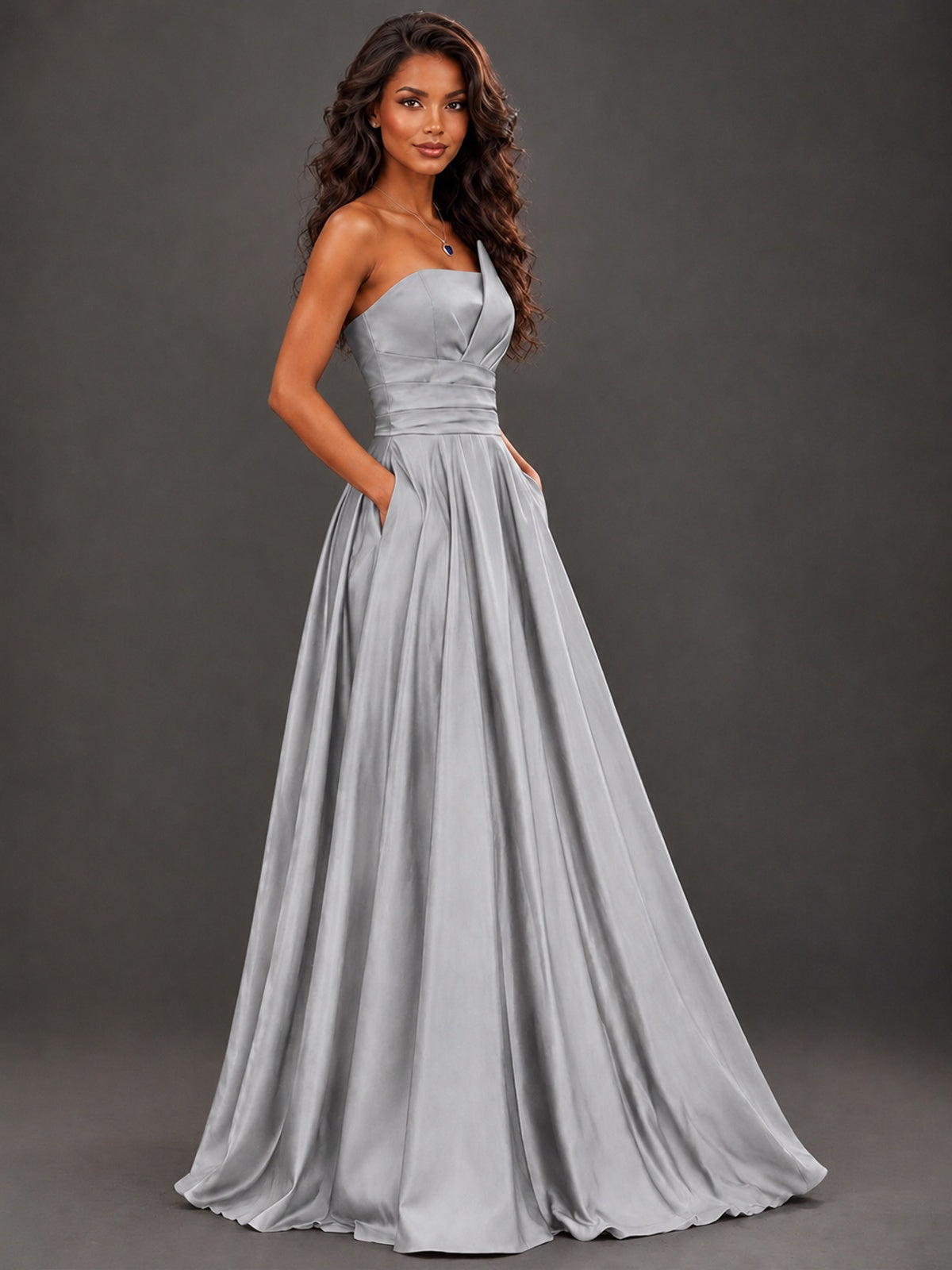 Draped Satin Prom Dress Strapless A-line Formal Dress Floor Length