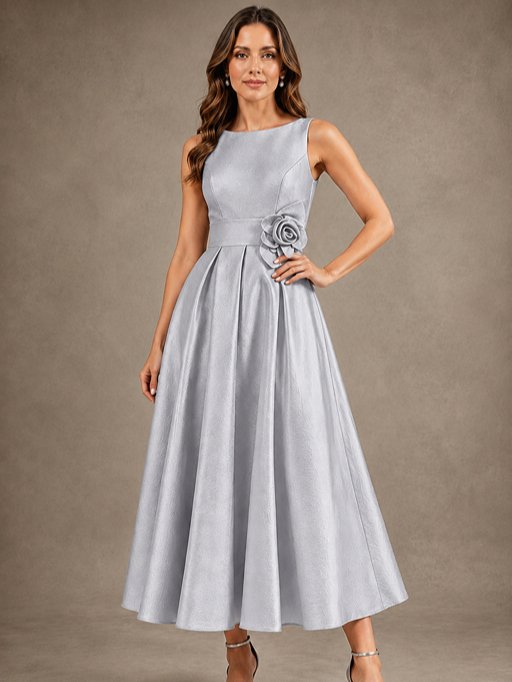 Tea-Length Satin Mother of the Bride Dress with 3D Flower Detail