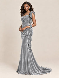 Black Velvet One-Shoulder Mermaid Evening Gown with Bow & Ruffles