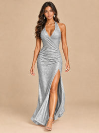 Halter V-Neck Sequin Mermaid Prom Dress with High Slit
