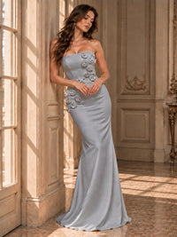 White Strapless Mermaid Maxi Dress with 3D Floral Appliques