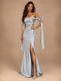 Off The Shuolder Satin Prom Dress Slit Mermaid Formal Gowns