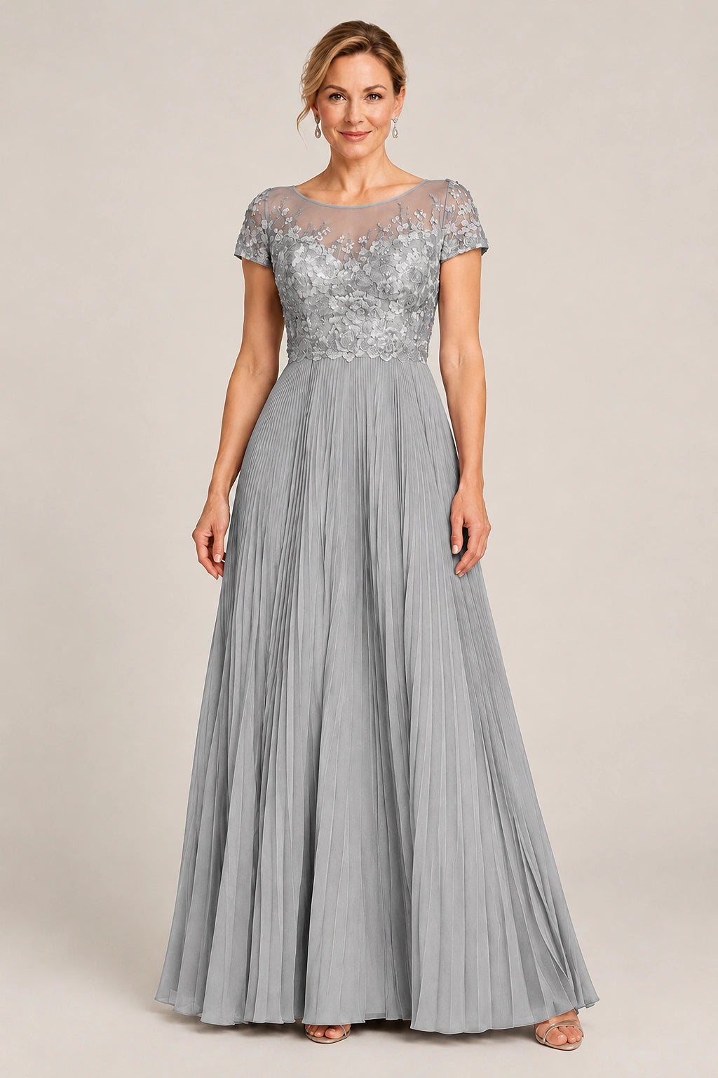 Embroidered Lace Pleated Mother of the Bride Dress