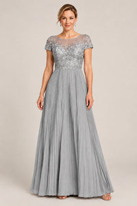 Embroidered Lace Pleated Mother of the Bride Dress