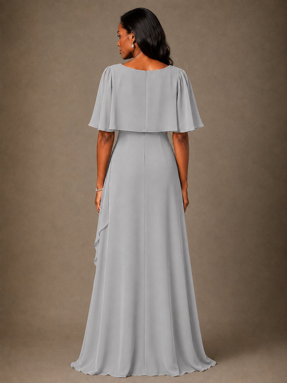 Taupe Chiffon A-Line Mother of the Bride Dress with Cape Sleeves