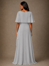 Taupe Chiffon A-Line Mother of the Bride Dress with Cape Sleeves