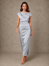 Cowl Neck Satin Mother of the Bride Dress with Ruched Waist