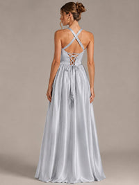 Light Yellow Halter Neck Satin A-Line Maxi Dress with Pockets