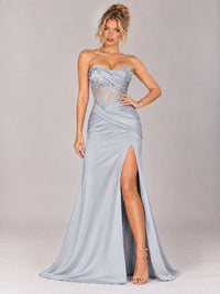 Strapless Satin Prom Dress with Sheer Lace Corset & High Slit