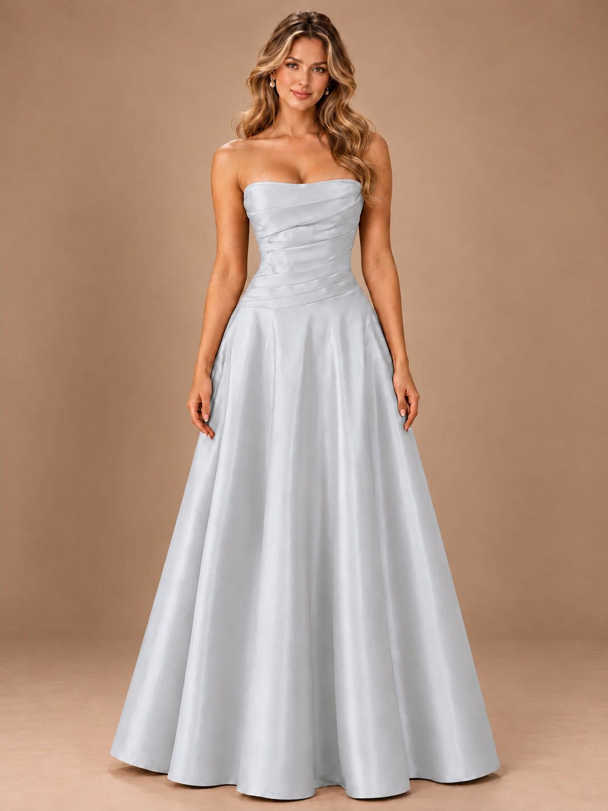 Blush Pink Strapless Satin A-Line Prom Dress with Ruched Bodice
