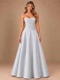 Blush Pink Strapless Satin A-Line Prom Dress with Ruched Bodice