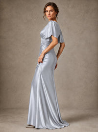 V-Neck Satin Mother of the Bride Dress with Flutter Sleeves