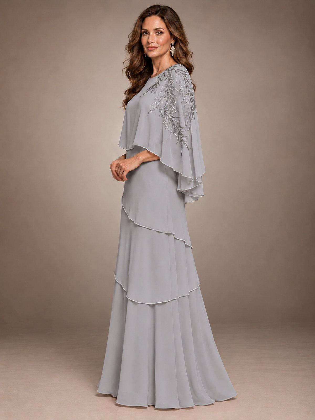 Elegant Chiffon Cape Sleeve Beaded Mother of the Bride Dress