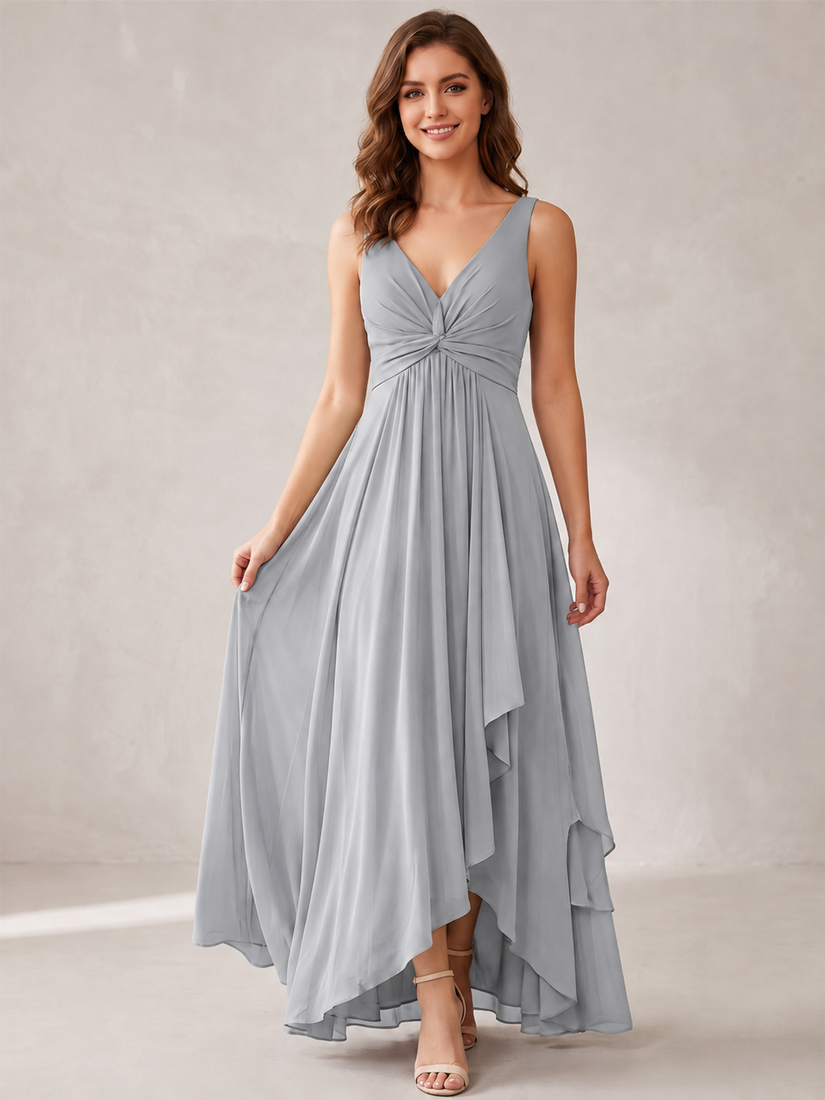 V-Neck High-Low Chiffon Bridesmaid Dress with Ruffles