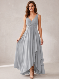 V-Neck High-Low Chiffon Bridesmaid Dress with Ruffles