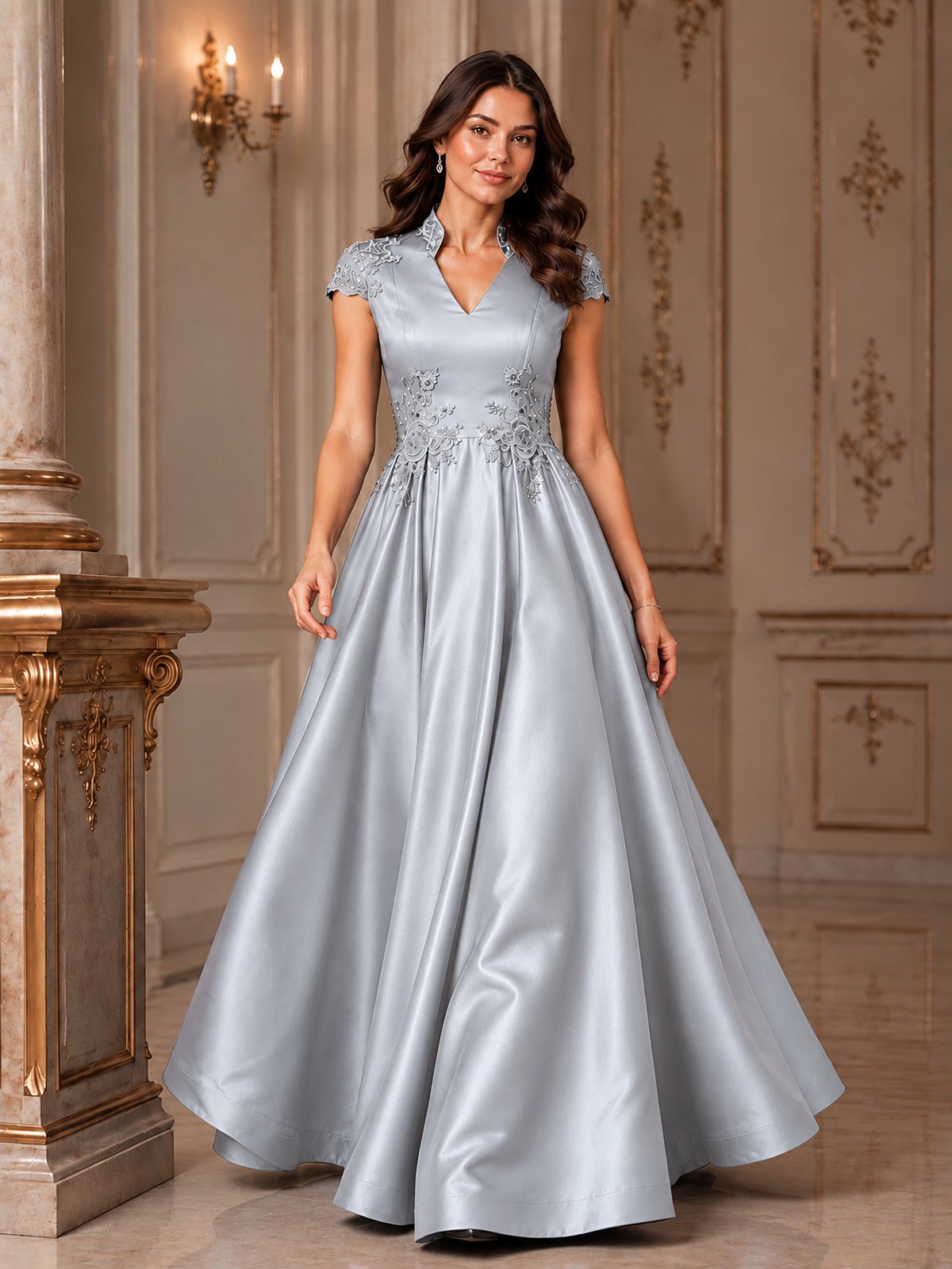 Lace Appliqué A-Line Satin Maxi Dress