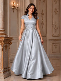 Lace Appliqué A-Line Satin Maxi Dress