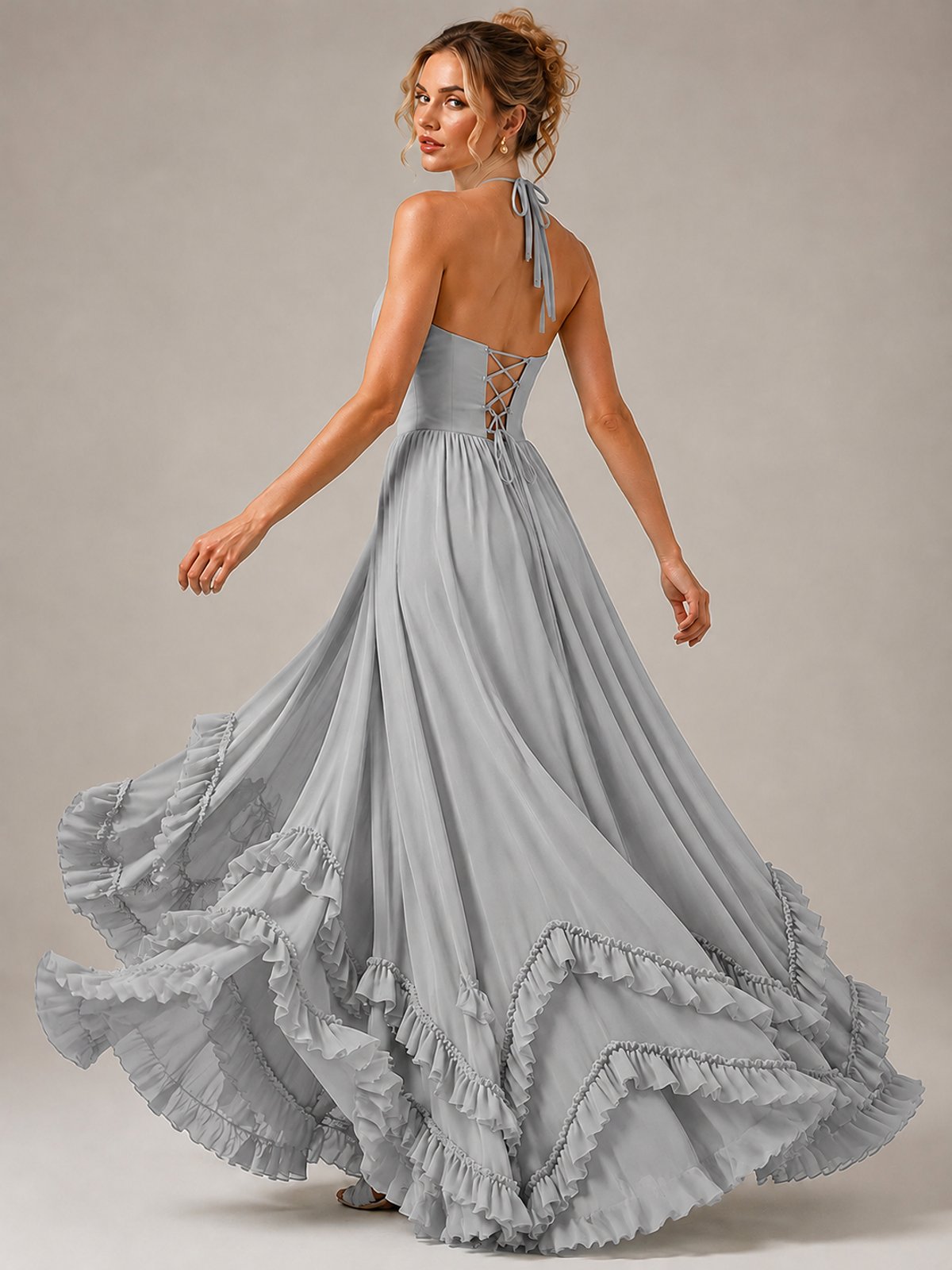 Halter V Neck Chiffon Formal Dress with Lace-Up Back and Ruffle Hem