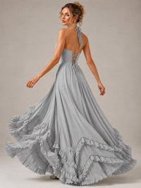 Halter V Neck Chiffon Formal Dress with Lace-Up Back and Ruffle Hem