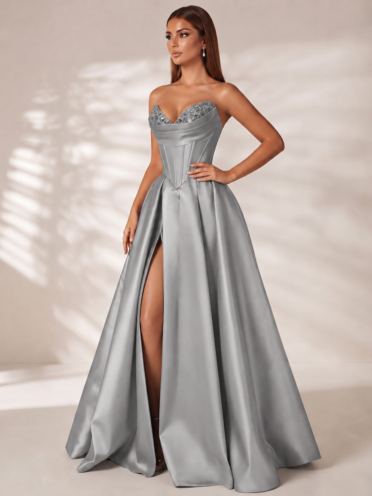 Strapless Corset Satin Prom Dress Long Evening Gown with High Slit