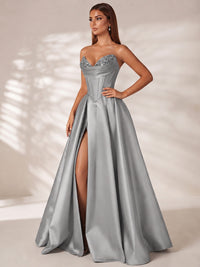 Strapless Corset Satin Prom Dress Long Evening Gown with High Slit