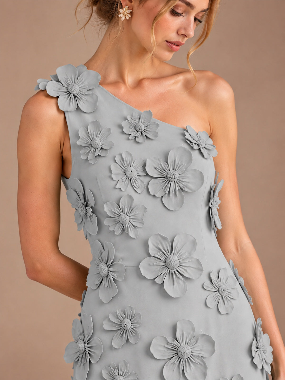 Sage Green One Shoulder Satin Formal Maxi Dress with 3D Floral