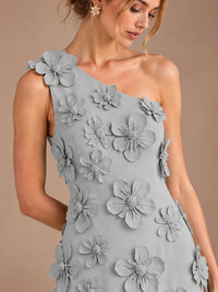 Sage Green One Shoulder Satin Formal Maxi Dress with 3D Floral