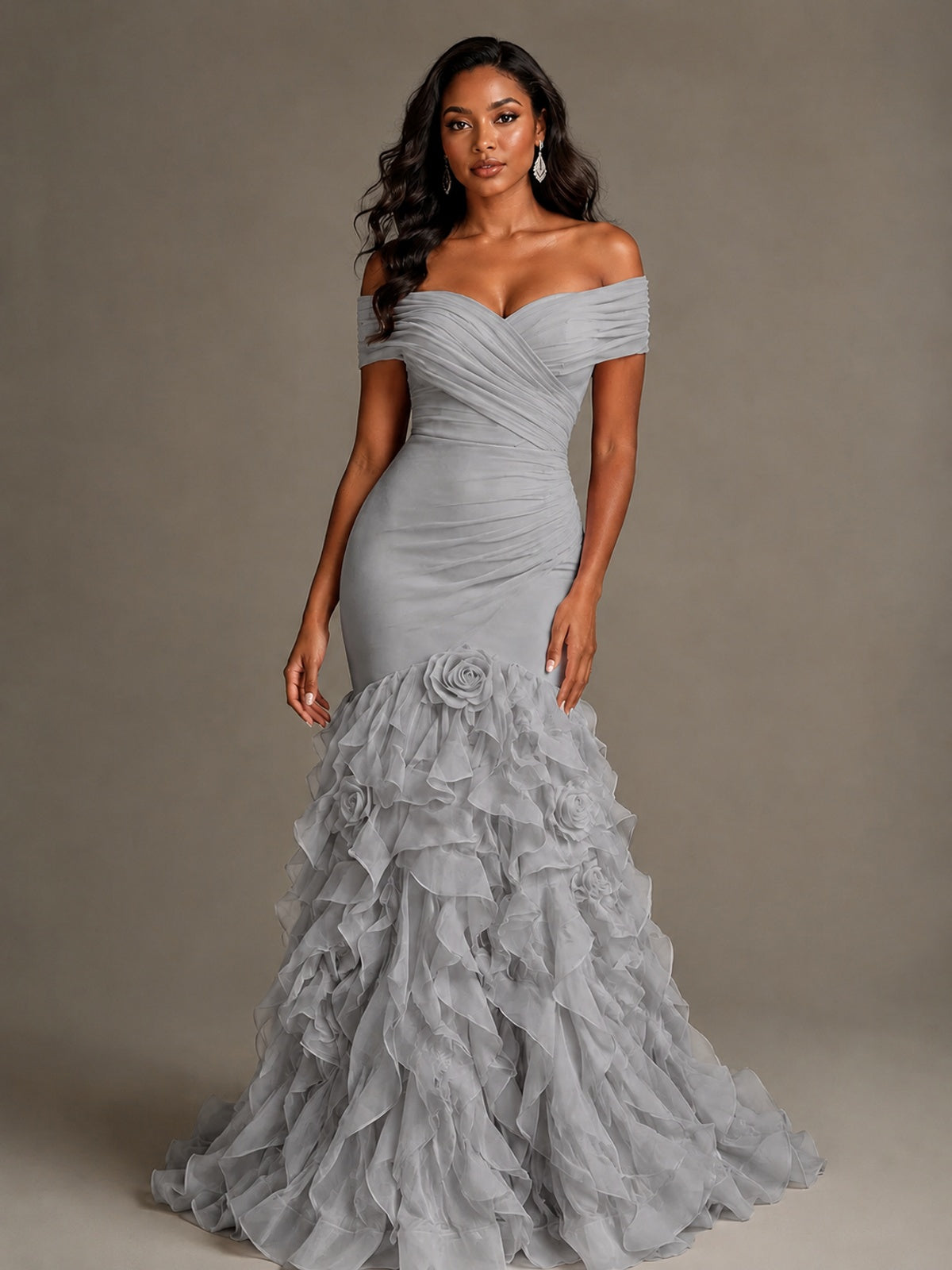 Pink Off-the-Shoulder Mermaid Prom Dress with Ruffles 3D Flowers