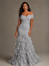 Pink Off-the-Shoulder Mermaid Prom Dress with Ruffles 3D Flowers