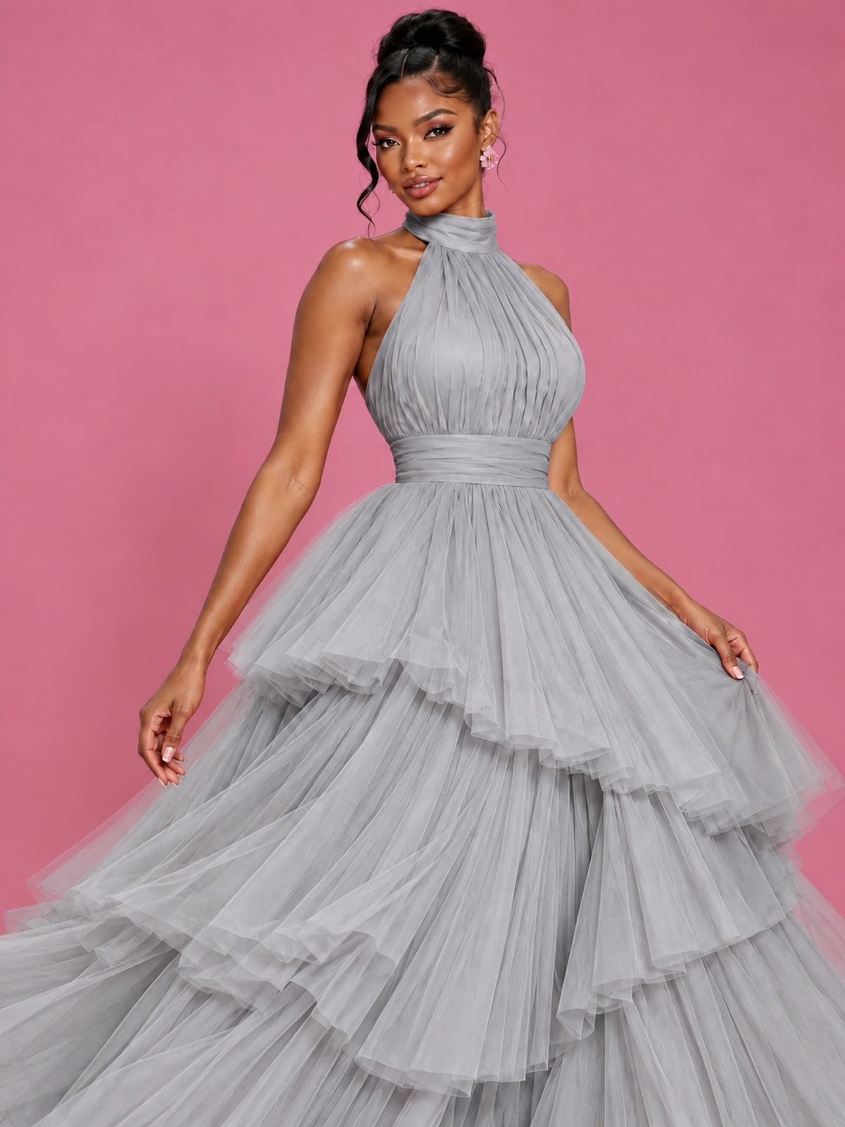 Hot Pink Tulle Halter Neck Tiered Ruffle Maxi Dress