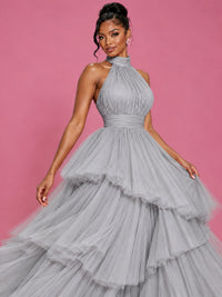 Hot Pink Tulle Halter Neck Tiered Ruffle Maxi Dress