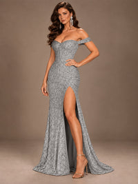 Off the Shoulder Corset Sequin Mermaid Prom Dress with Slit