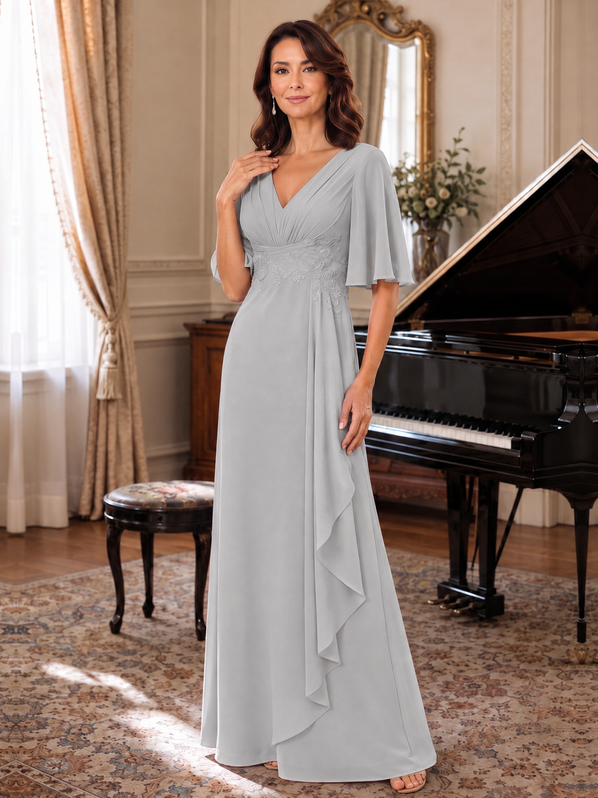 V-Neck Chiffon Lace Mother of the Bride Dresses