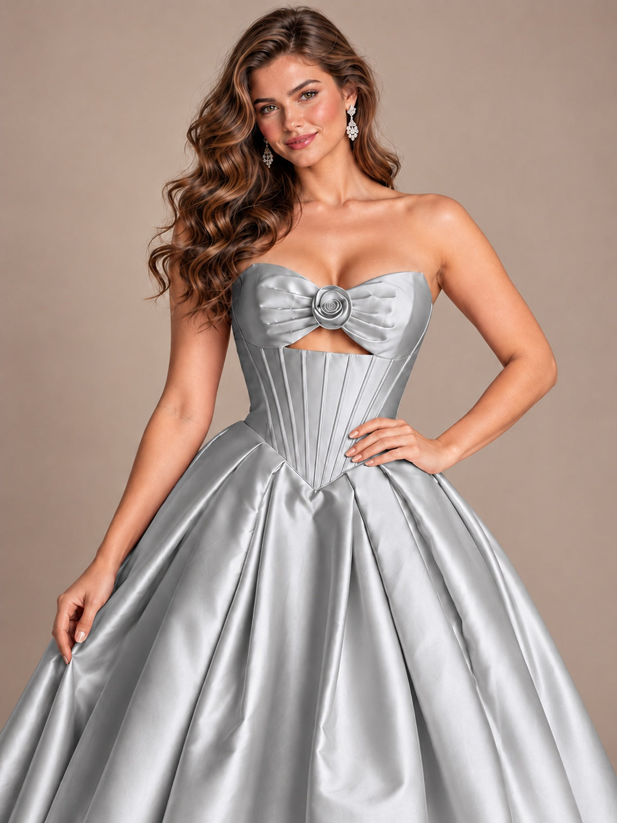 Pink Strapless Corset Satin Prom Derss & Ball Gown with 3D Floral