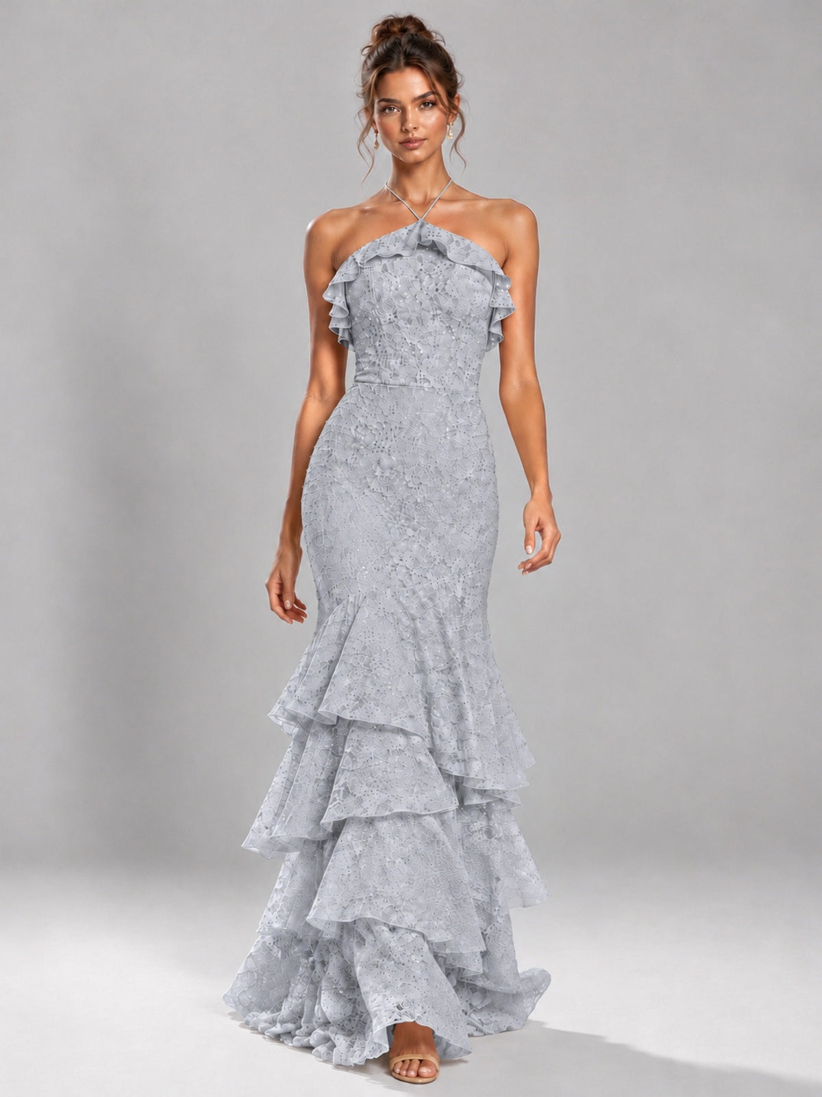 Halter Tiered Mermaid Prom Dress with Sparkly Lace