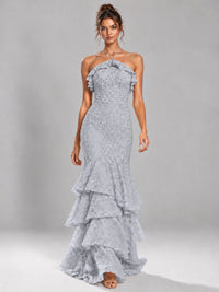 Halter Tiered Mermaid Prom Dress with Sparkly Lace