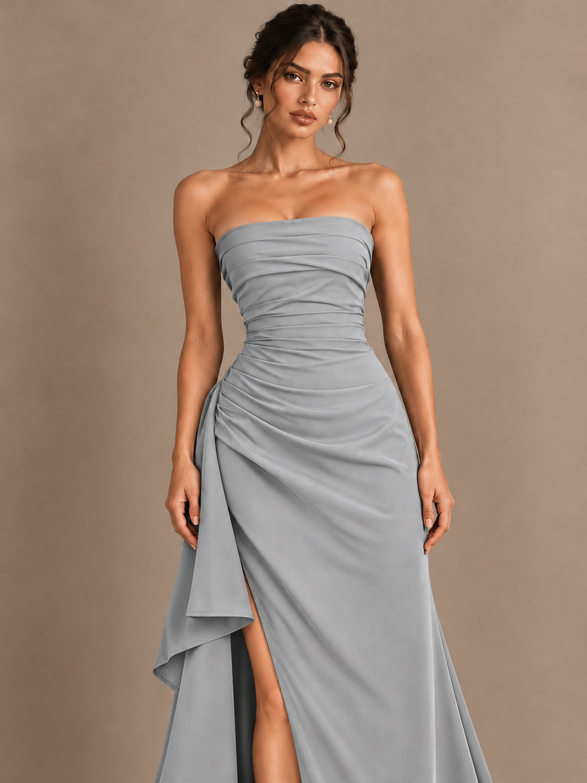 Black and White Strapless Ruched Prom Dress with High Slit & Side Drape