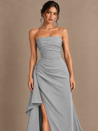 Black and White Strapless Ruched Prom Dress with High Slit & Side Drape