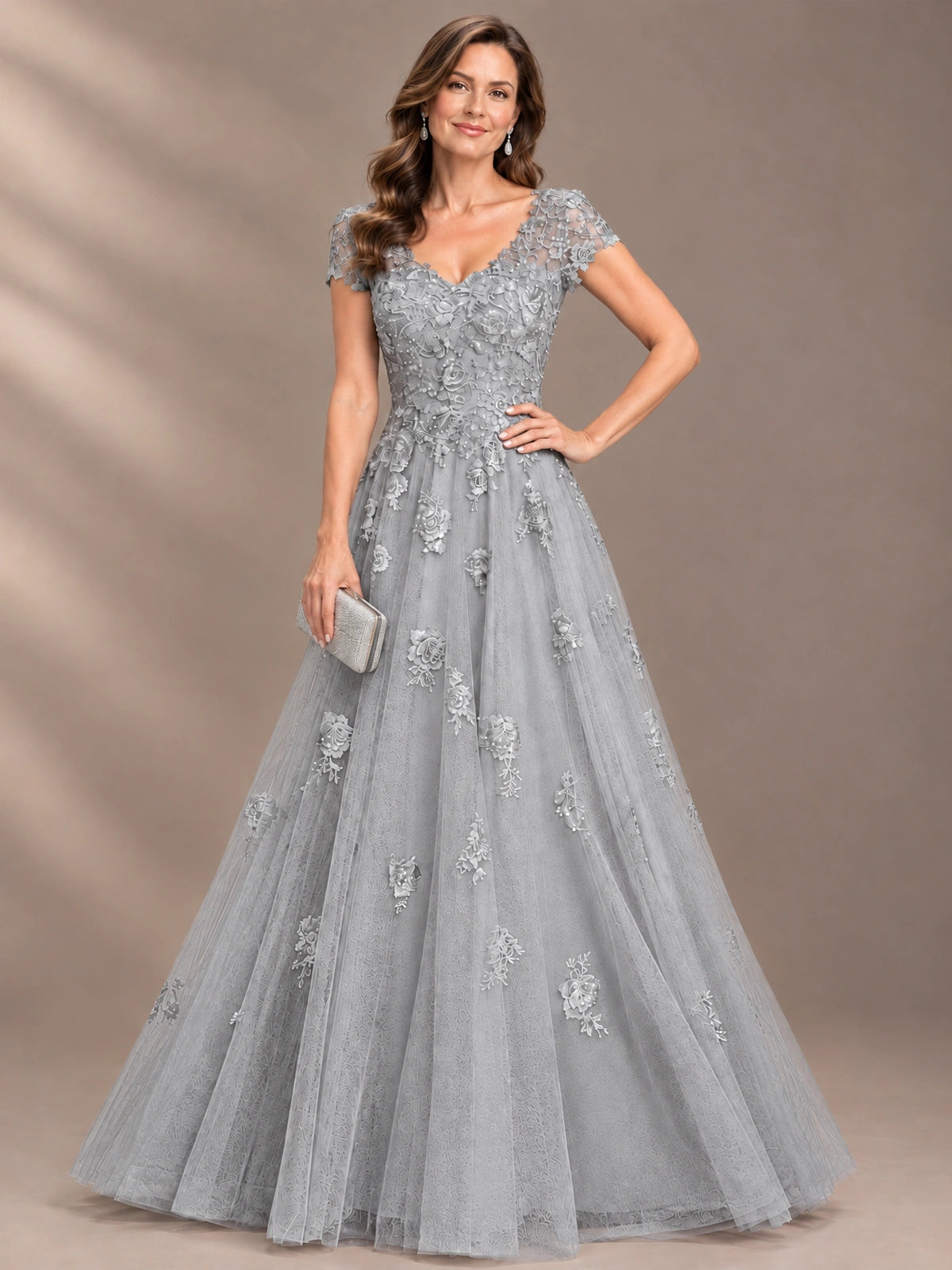 Lace Appliques A-line Mother of The Bride Dresses with Short Sleeves