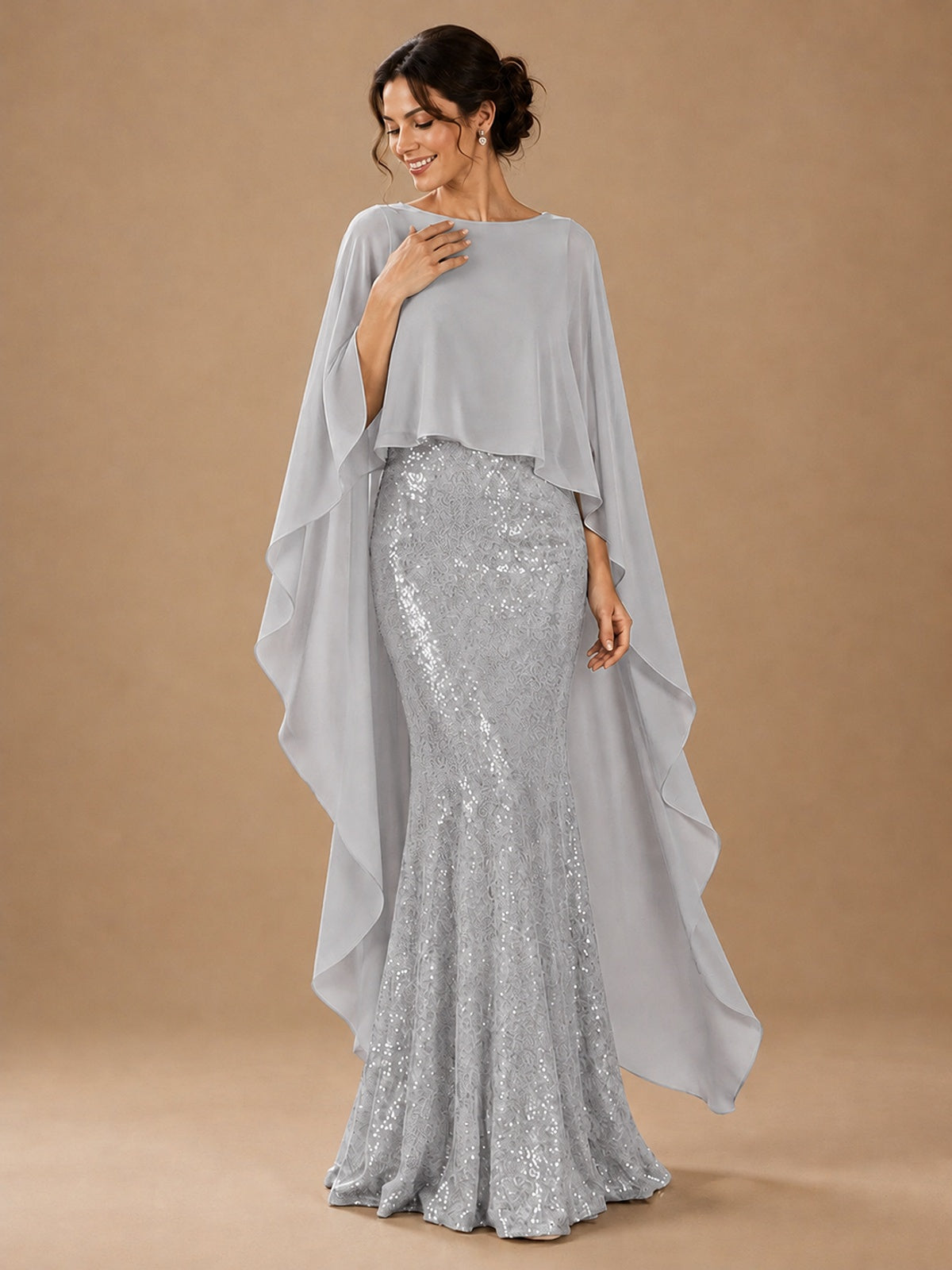 Sequin 2 Pieces Mother of the Bride Dress with Cap Sleeves Chiffon Formal Gowns