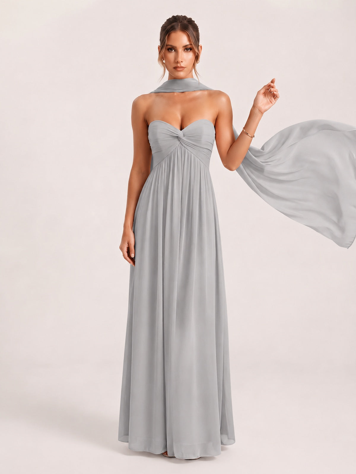 Strapless Ruched Chiffon Long Prom Dress with Scarf