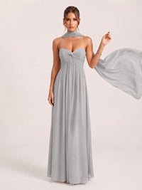 Strapless Ruched Chiffon Long Prom Dress with Scarf