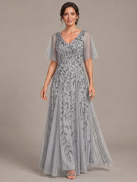 V-Neck Sequin Tulle Mother of the Bride Dress with Flutter Sleeve
