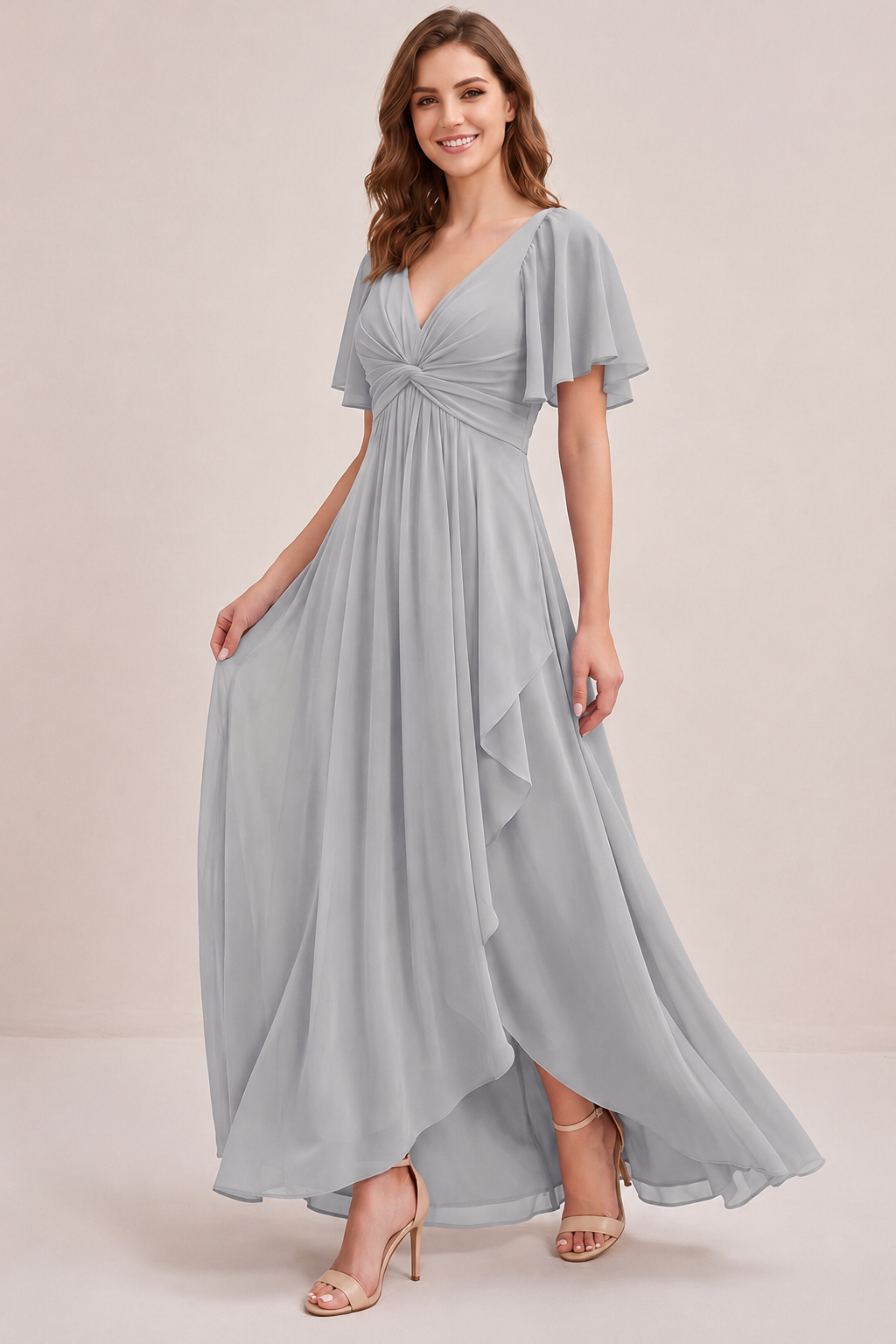 Dusty Blue Chiffon Bridesmaid Dress with Flutter Sleeves & High-Low Hem