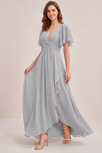 Dusty Blue Chiffon Bridesmaid Dress with Flutter Sleeves & High-Low Hem