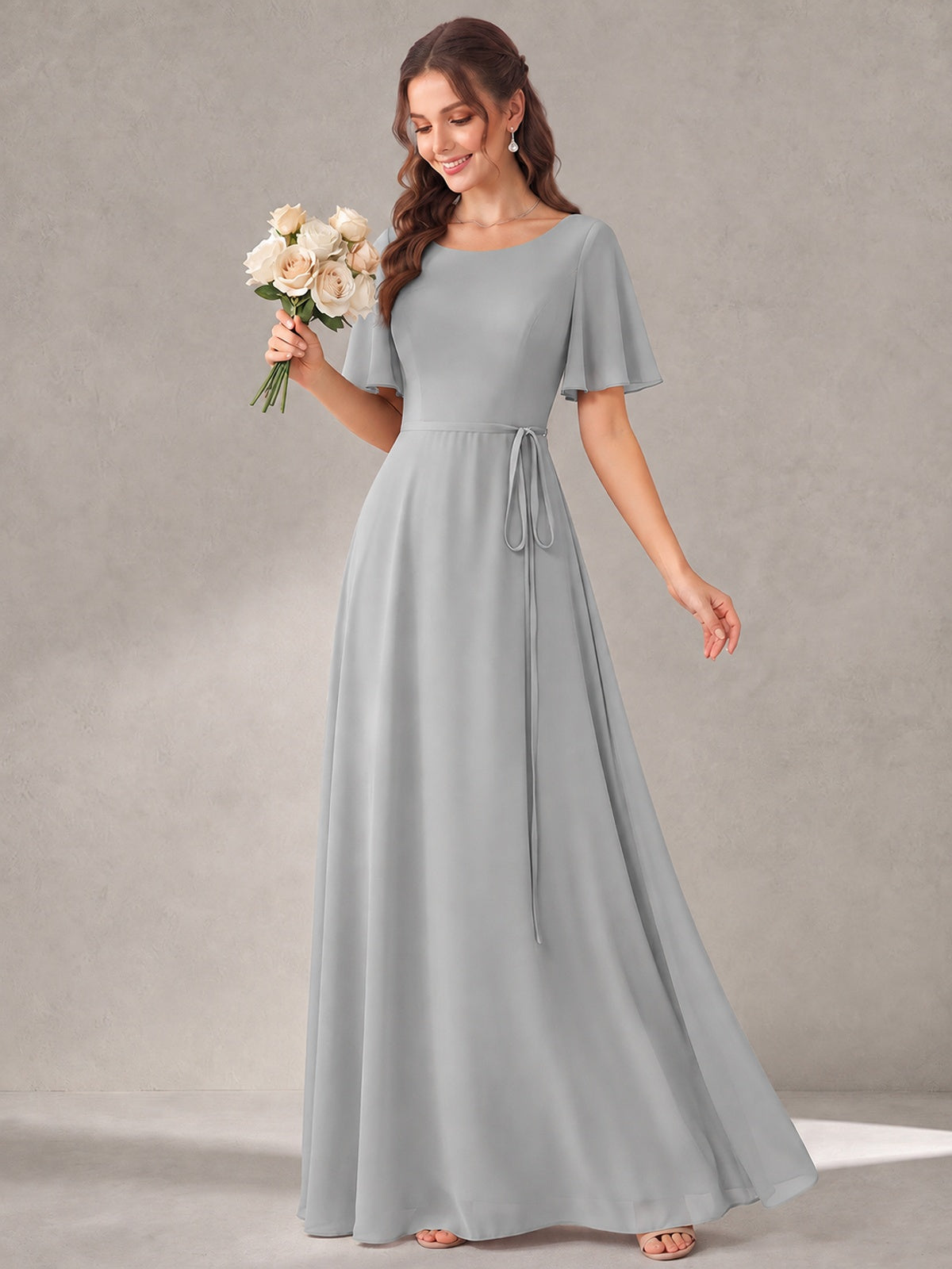 Scoop Neck A-line Chiffon Bridesmaid Dress with Flutter Sleeve & Belt