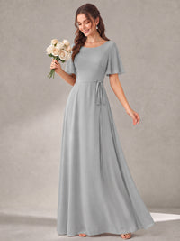 Scoop Neck A-line Chiffon Bridesmaid Dress with Flutter Sleeve & Belt